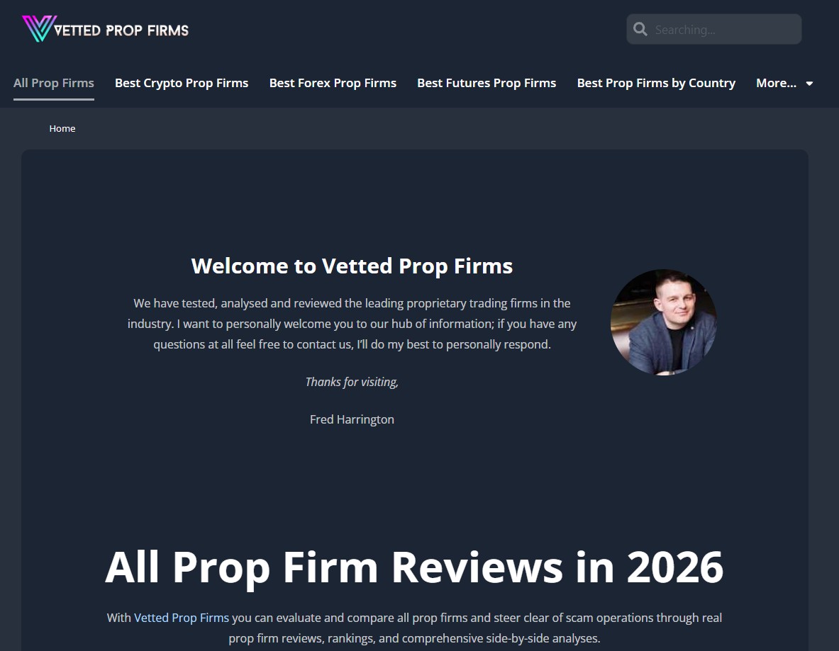 Vetted Prop Firms home page with menus for All Prop Firms, Best Crypto, Best Forex and Best Futures Prop Firms, a welcome note signed by Fred Harrington and the heading All Prop Firm Reviews in 2026
