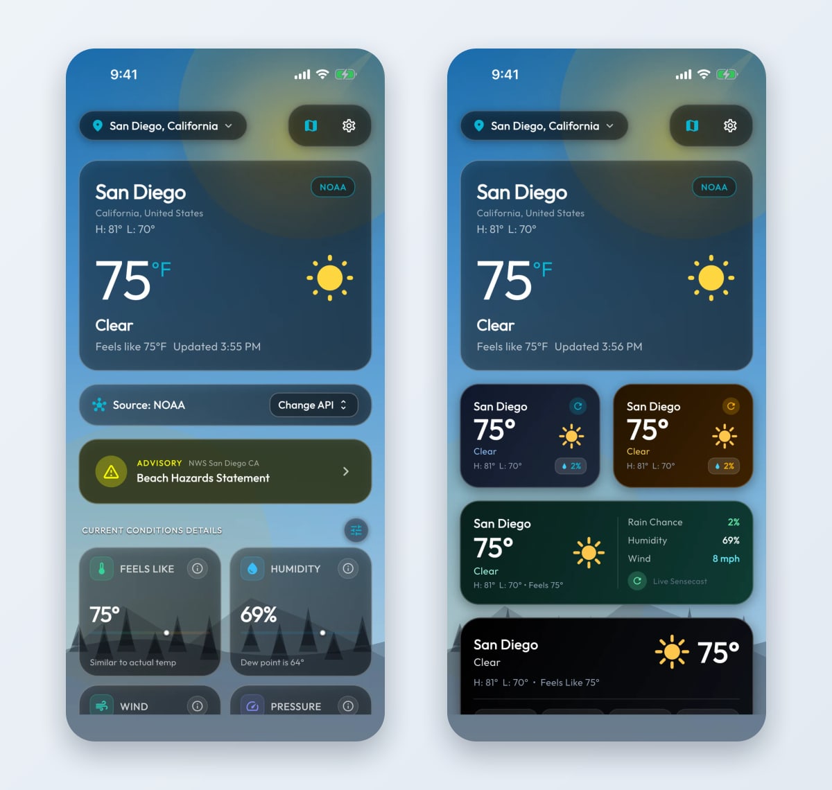 Two Sensecast screens: the dashboard for San Diego at 75 degrees with a Source: NOAA card, a Change API button and an NWS Beach Hazards Statement advisory, and the Widget Board layout with glass widget cards