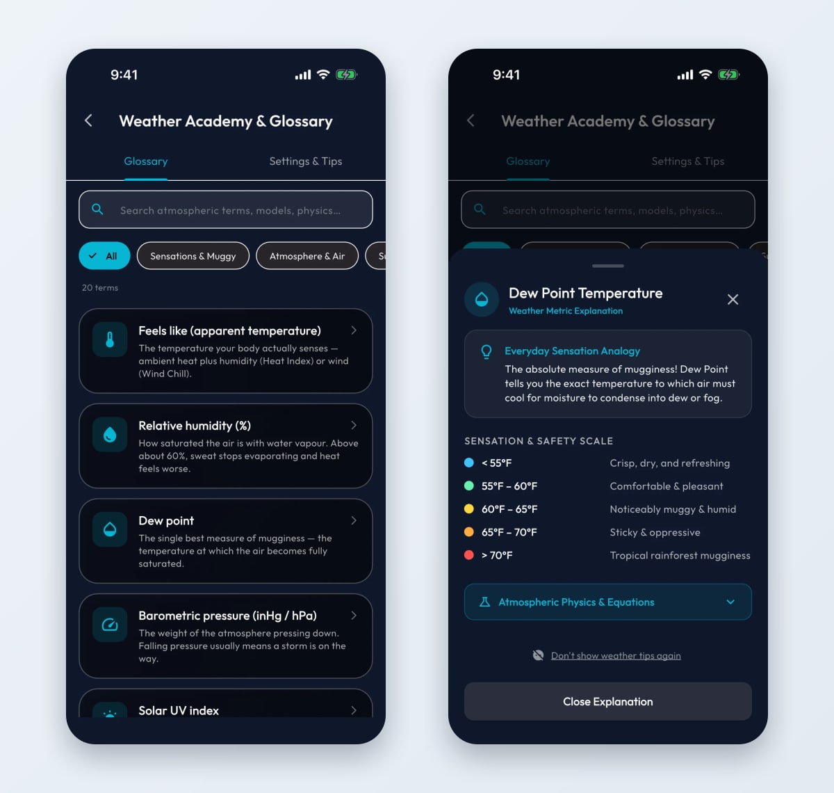 Two Sensecast screens: the Weather Academy and Glossary with a search field, category chips and entries for feels like, relative humidity, dew point and barometric pressure, and the Dew Point Temperature sheet with an everyday sensation analogy and a five-band comfort scale