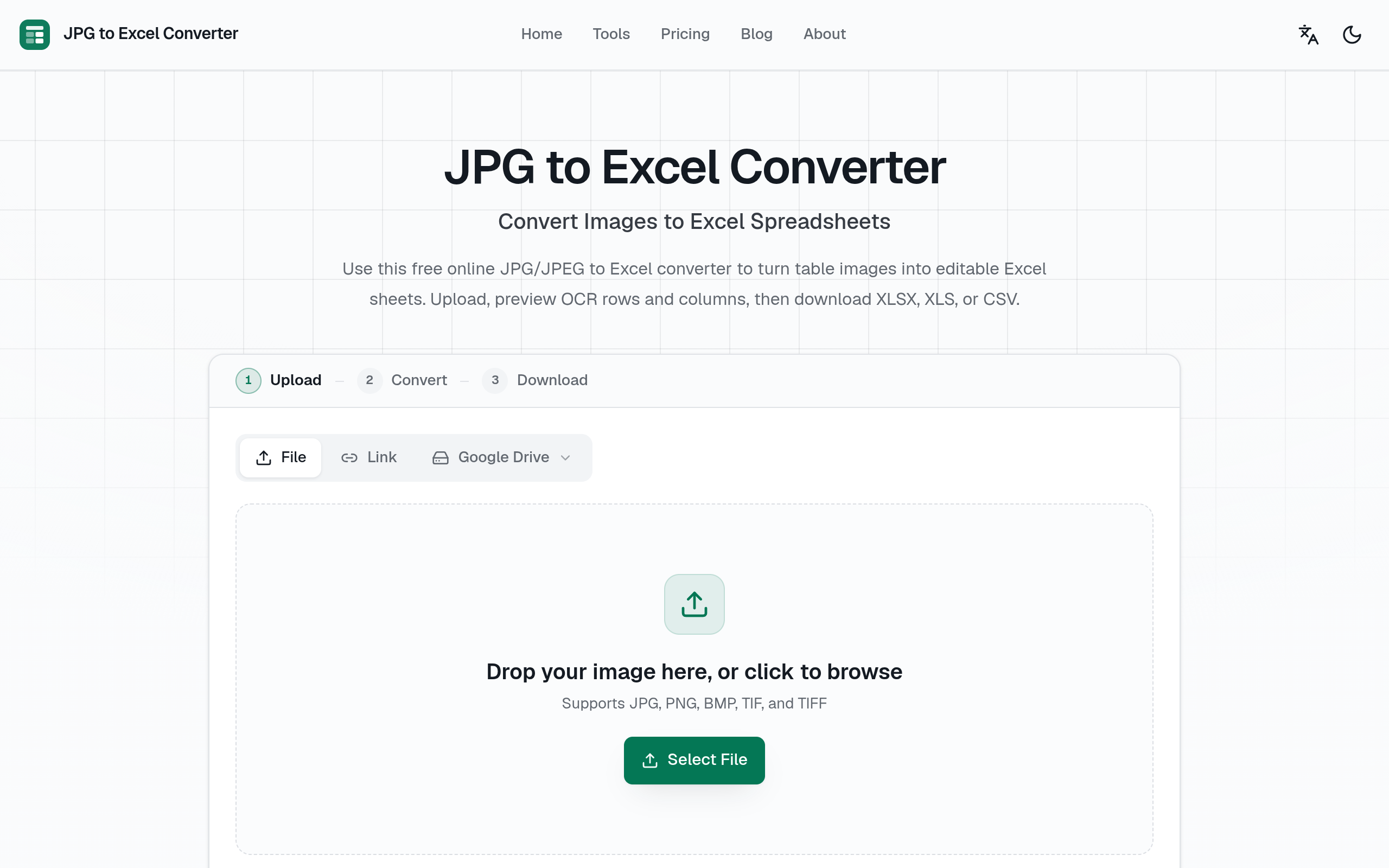JPG2Excel landing page preview