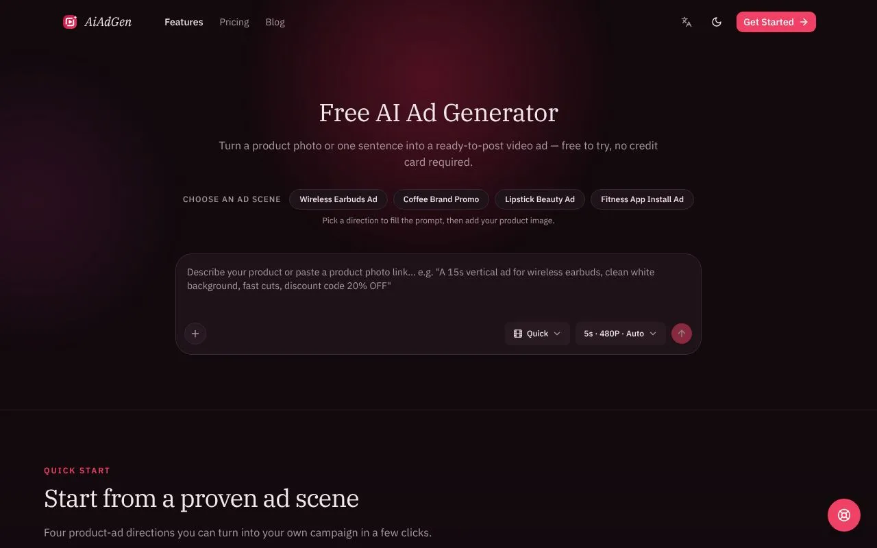 AiAdGen homepage screenshot