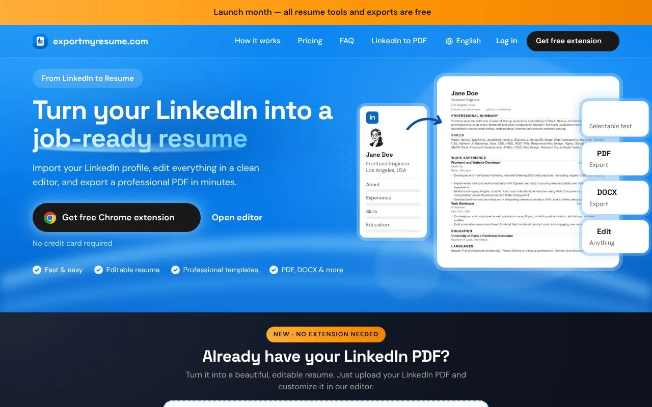 ExportMyResume homepage screenshot