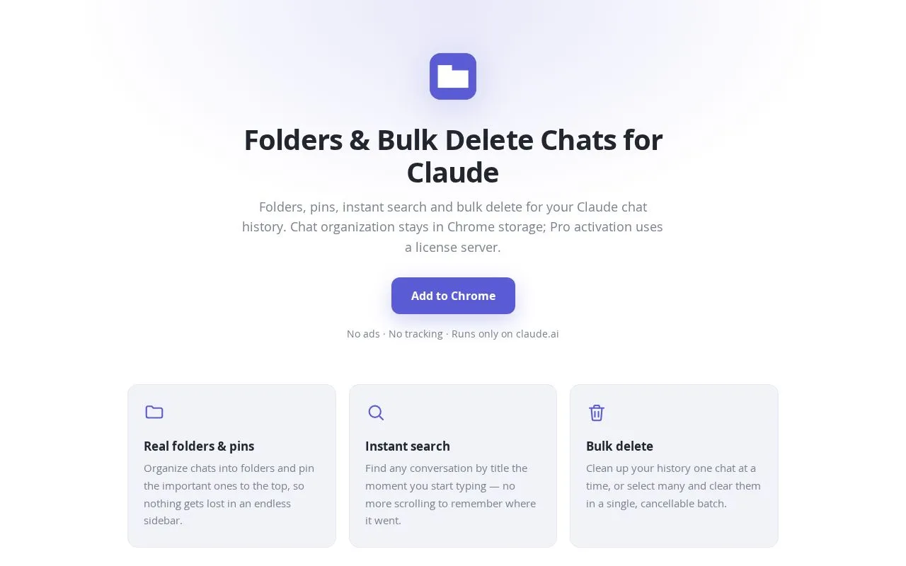 Folders & Bulk Delete Chats for Claude homepage screenshot