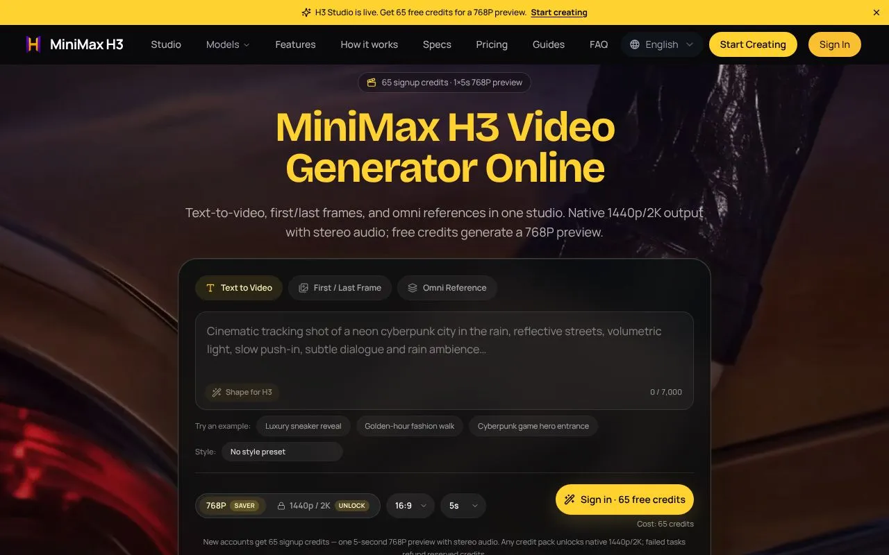 MiniMax H3 Studio homepage screenshot