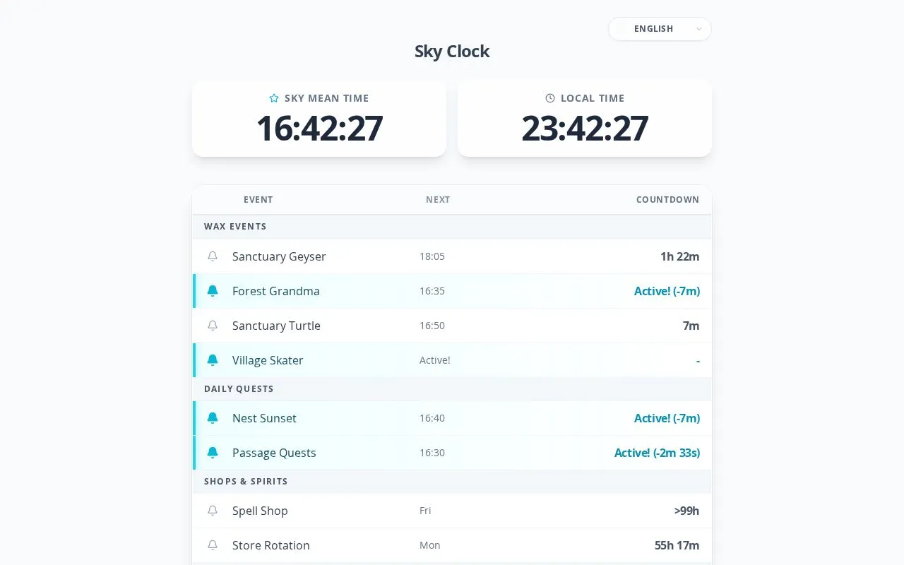 Sky Clock homepage screenshot