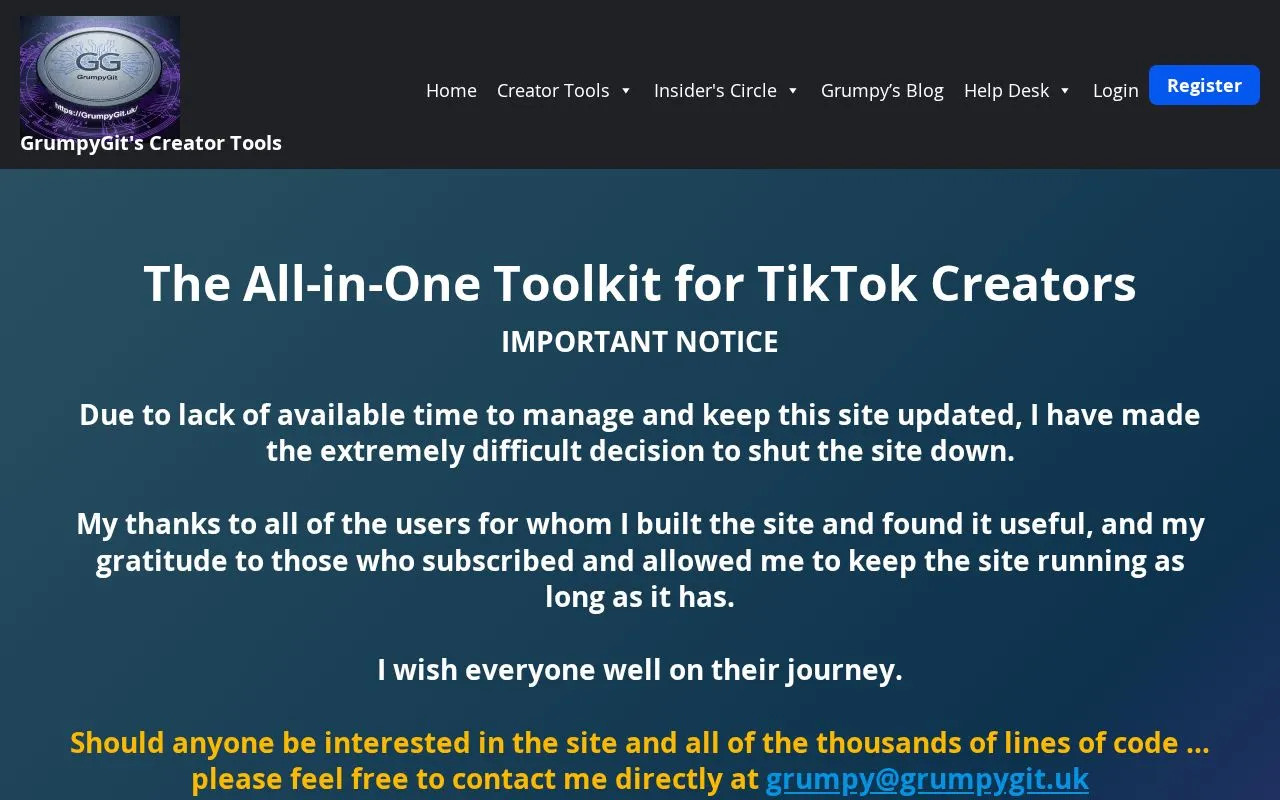 GrumpyGit's Creator Tools homepage screenshot