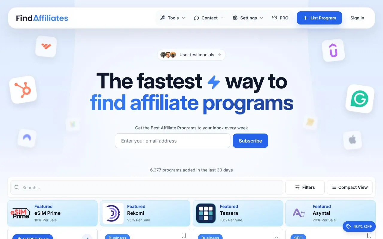 FindAffiliates homepage screenshot