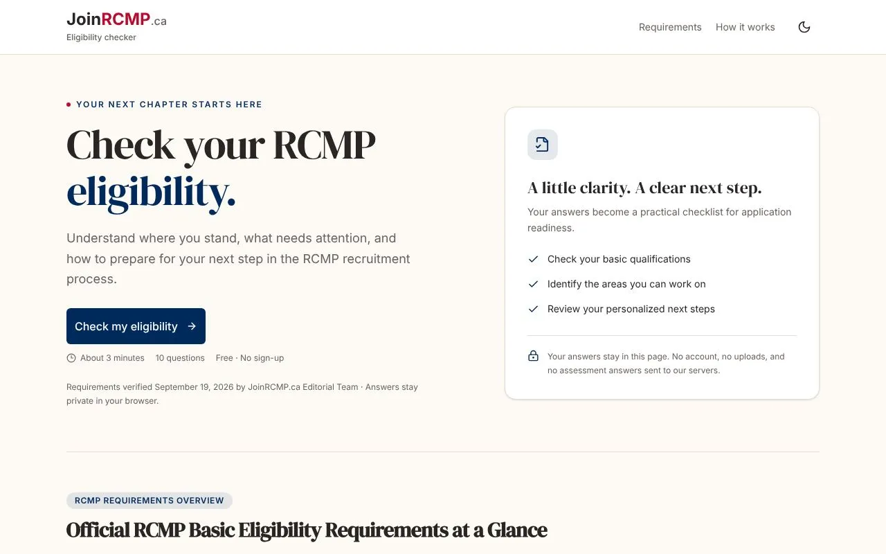 JoinRCMP.ca Eligibility Checker homepage screenshot