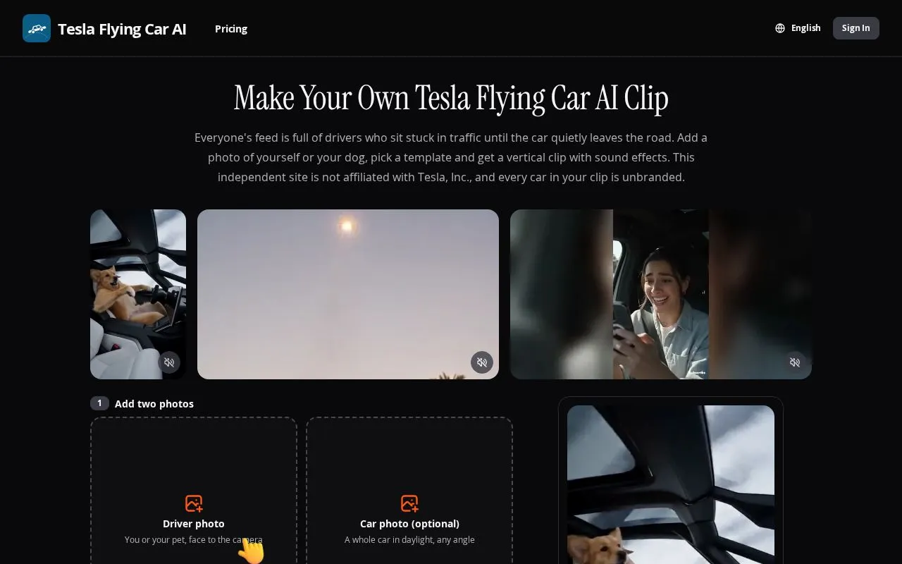 Tesla Flying Car AI homepage screenshot