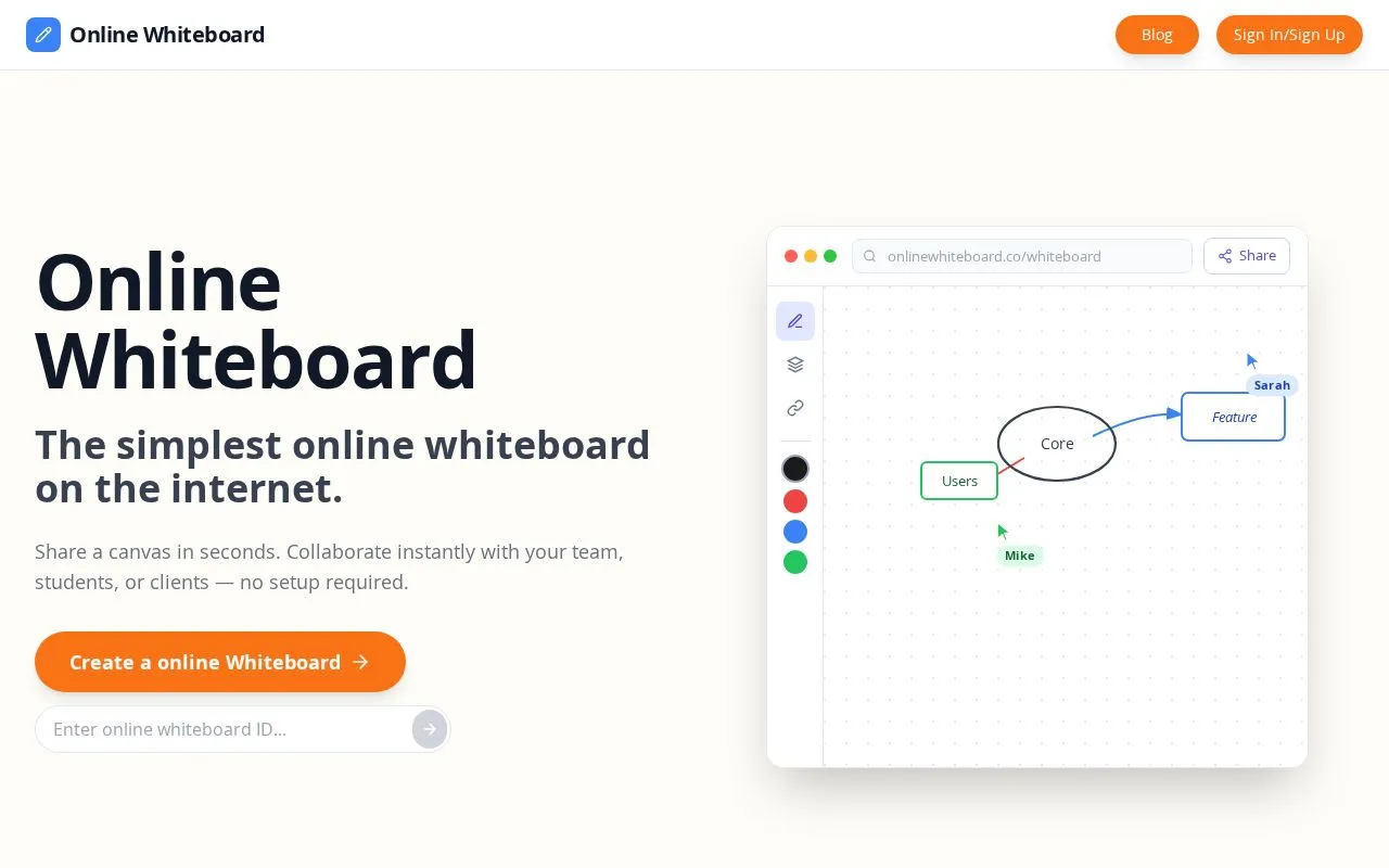 Online Whiteboard homepage screenshot