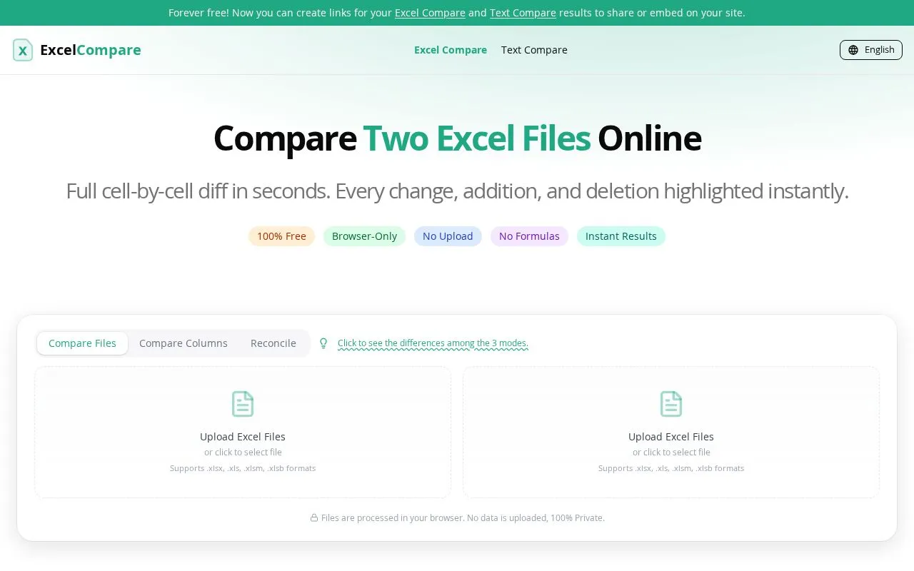 ExcelCompare homepage screenshot