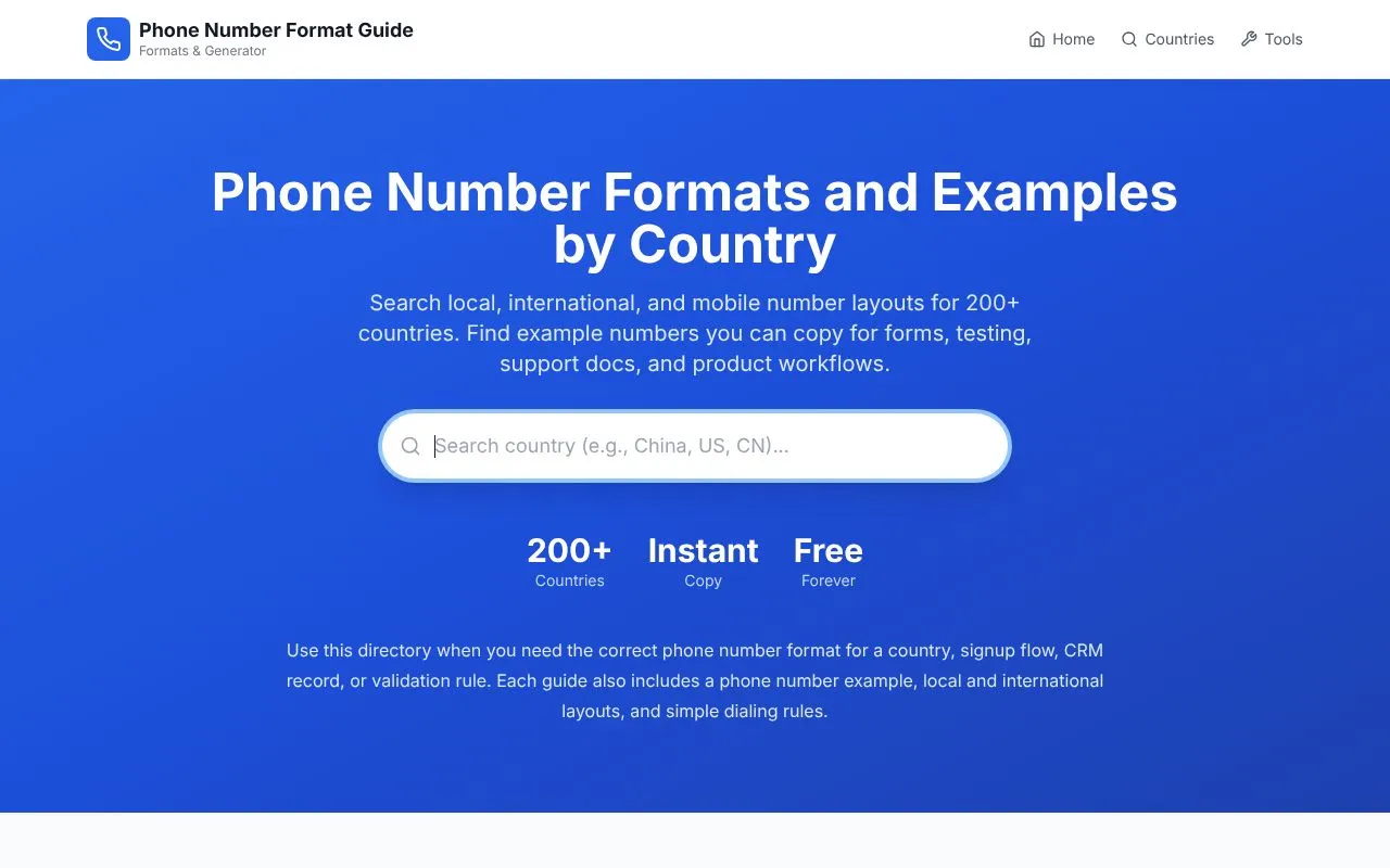 Phone Number Format Guide homepage screenshot