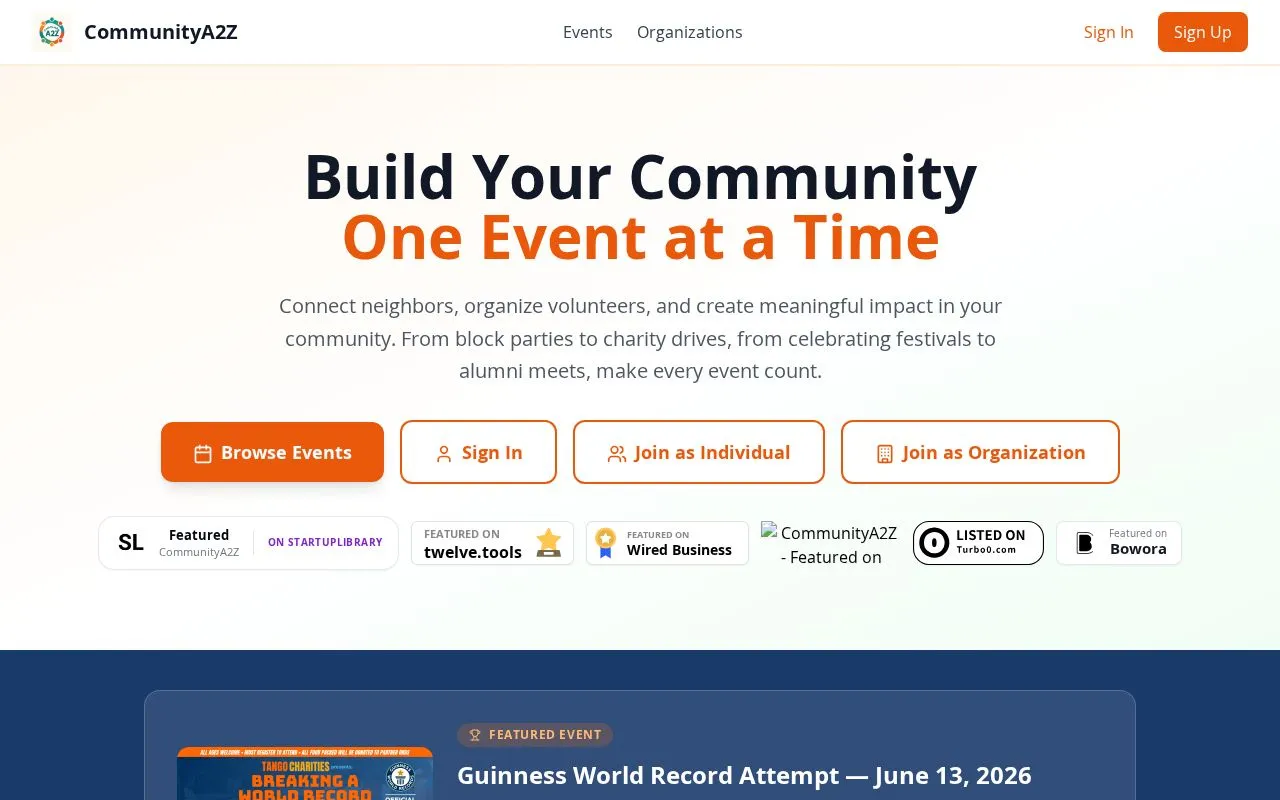 CommunityA2Z homepage screenshot