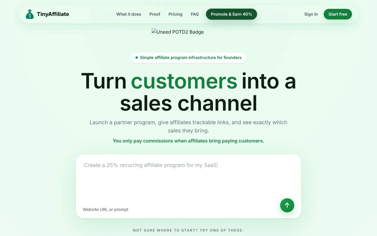 TinyAffiliate homepage screenshot