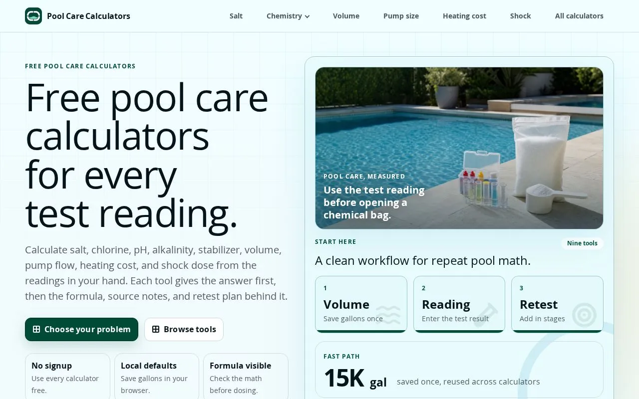Pool Care Calculators homepage screenshot