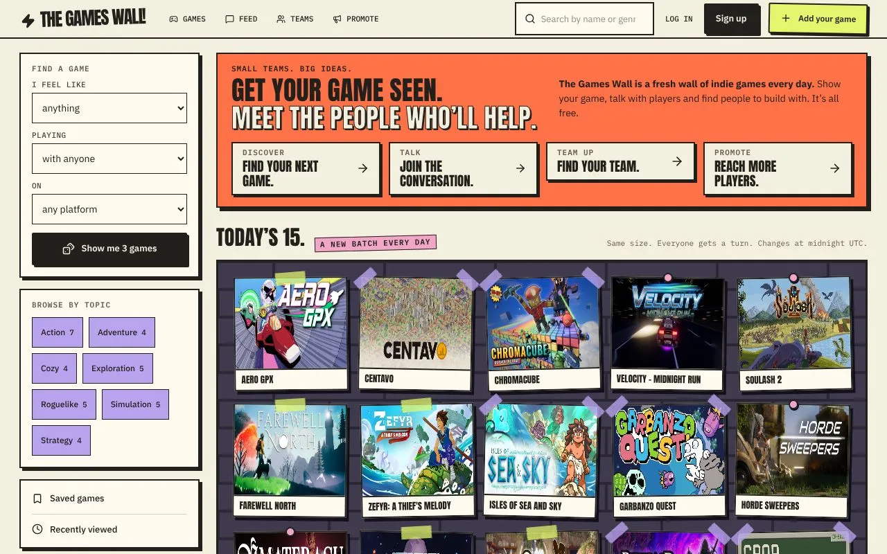 The Games Wall homepage screenshot