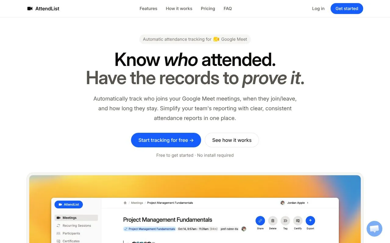 AttendList homepage screenshot