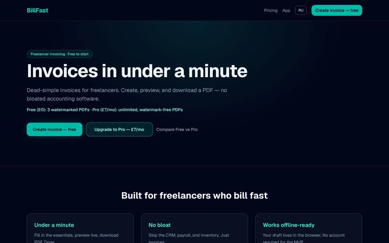 BillFast homepage screenshot