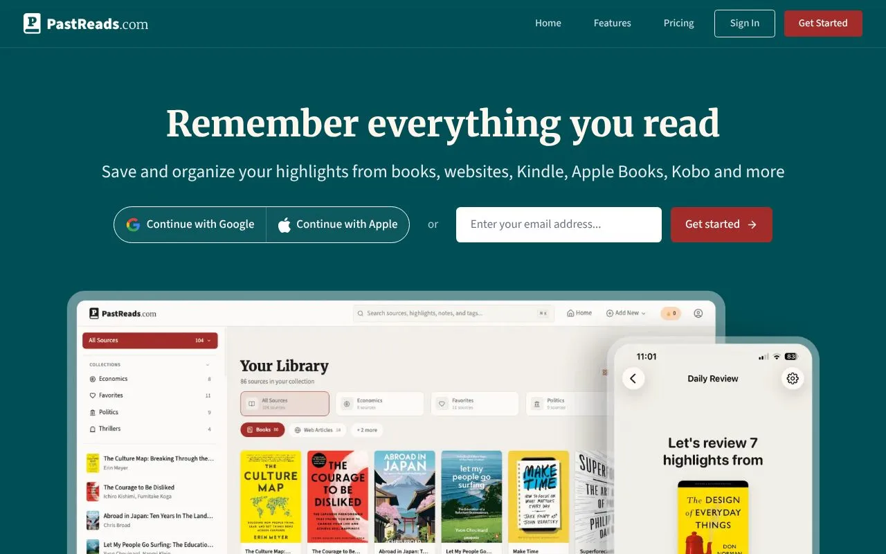 PastReads homepage screenshot