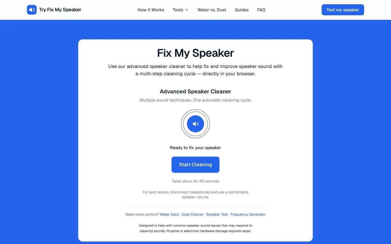 Fix My Speaker homepage screenshot