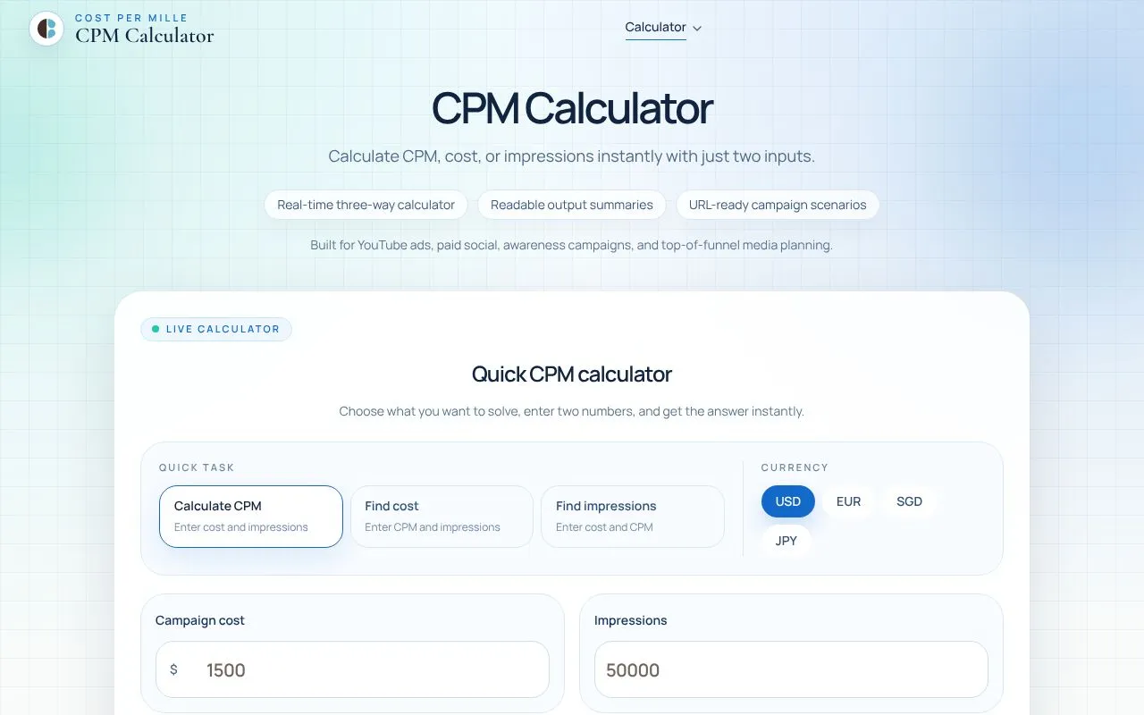 CPM Calculator homepage screenshot