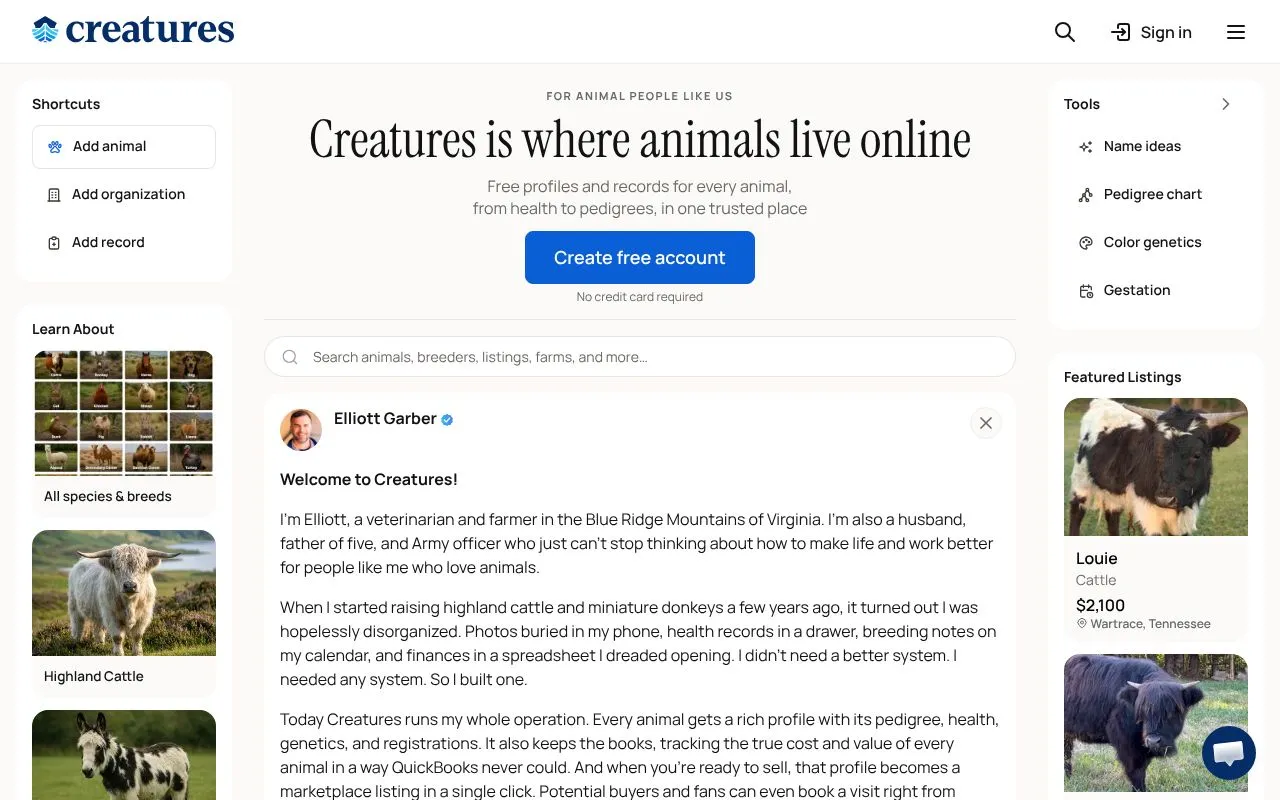 Creatures homepage screenshot