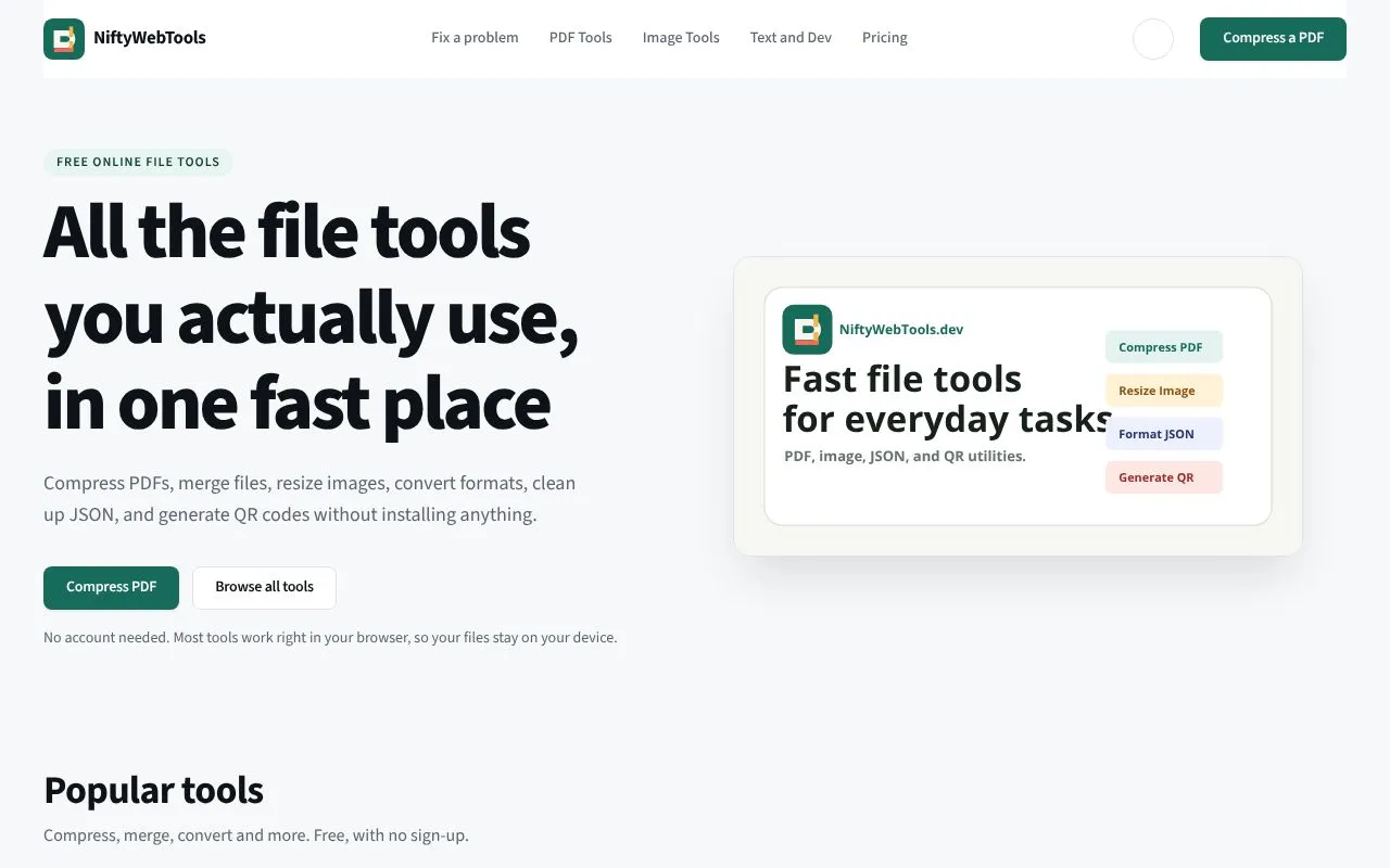 NiftyWebTools homepage screenshot