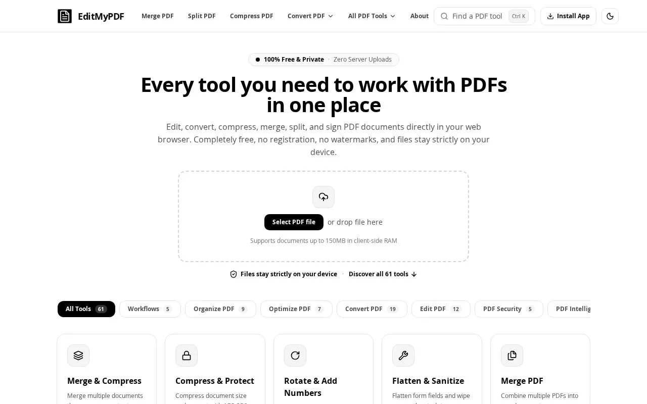 EditMyPDF homepage screenshot