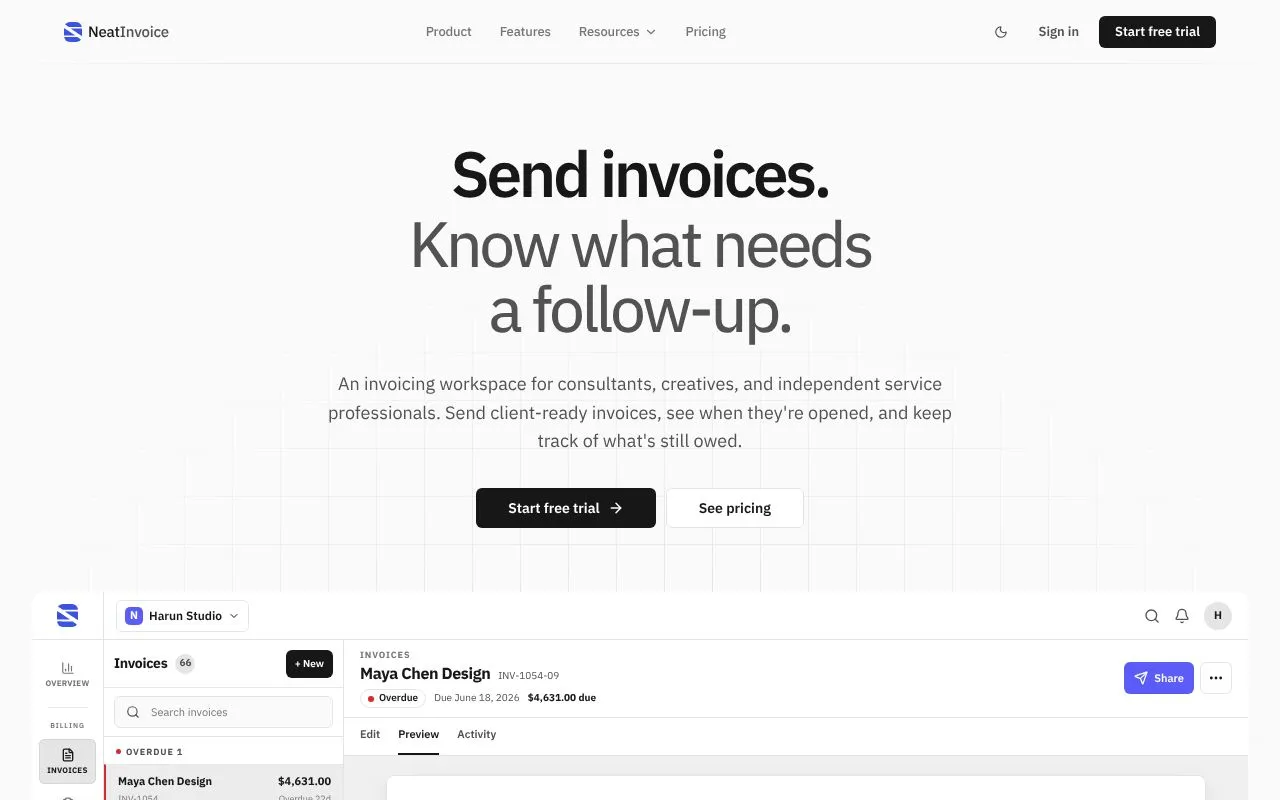 NeatInvoice homepage screenshot