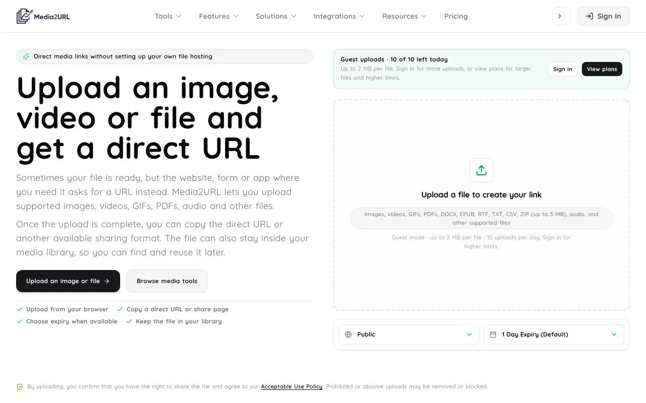 Media2URL homepage screenshot