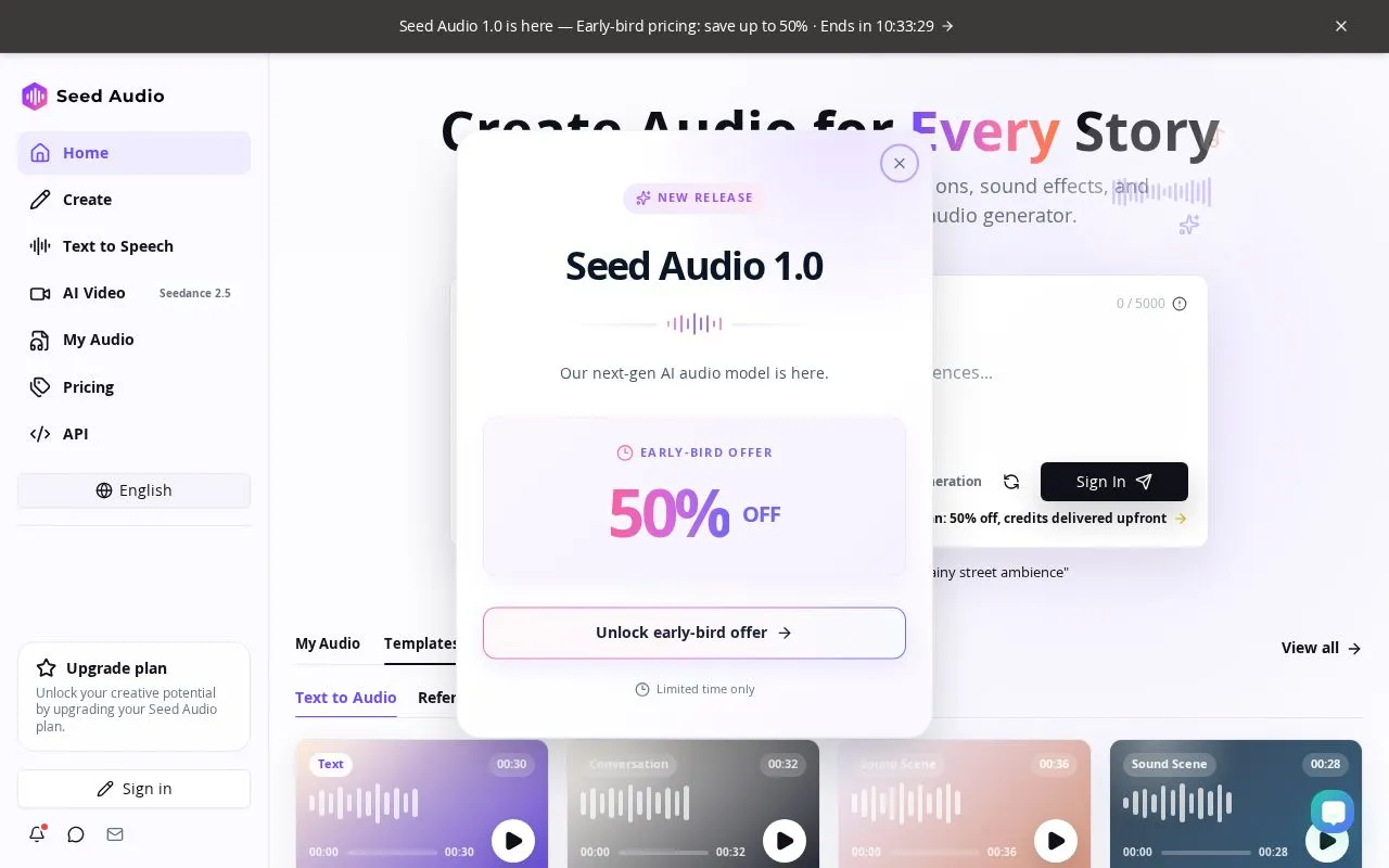 Seed Audio homepage screenshot