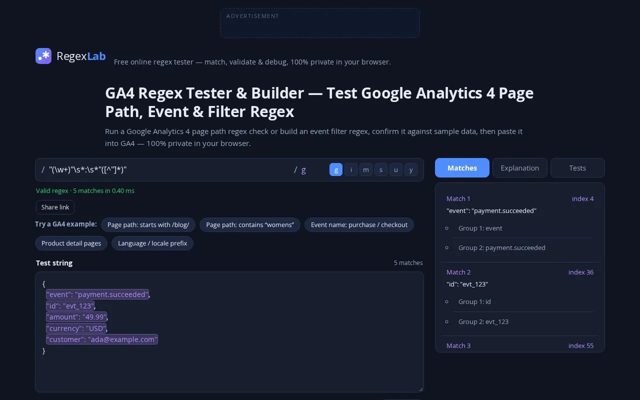 RegexLab homepage screenshot
