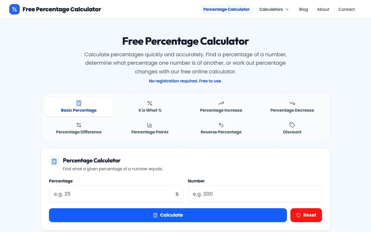Free Percentage Calculator homepage screenshot