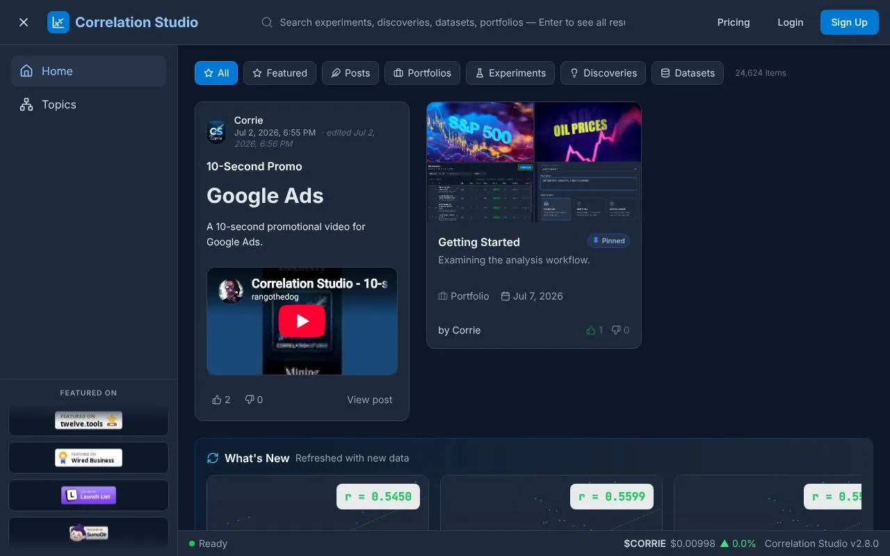 Correlation Studio homepage screenshot