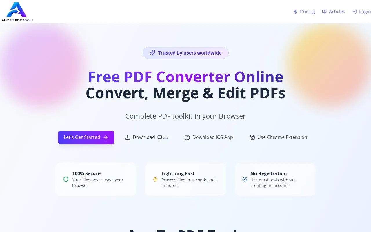Any To PDF Tools homepage screenshot