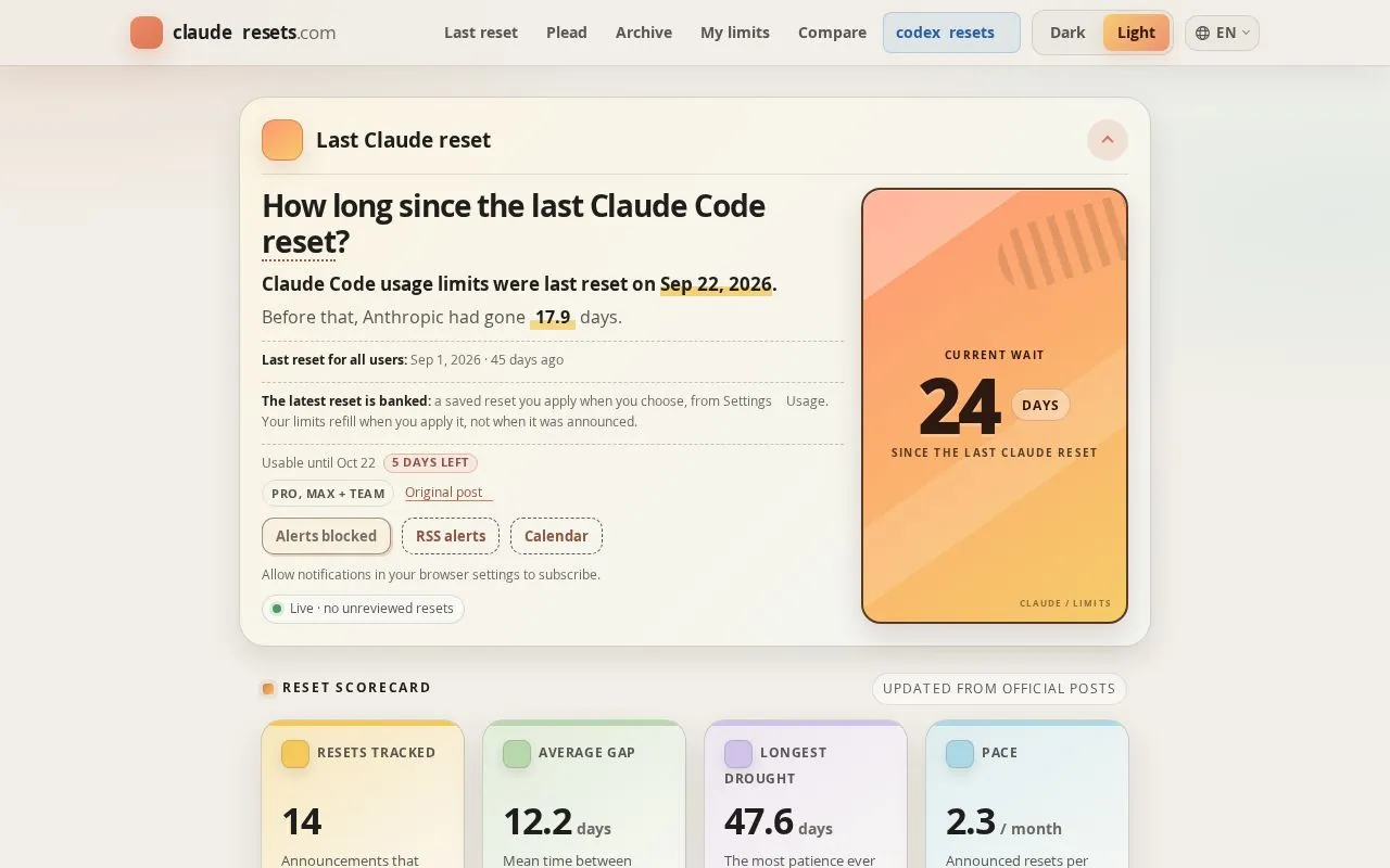 claude-resets.com homepage screenshot