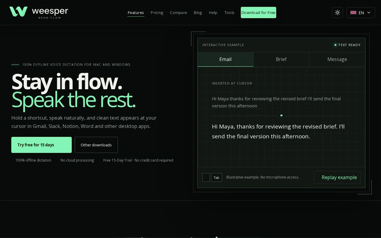 Weesper Neon Flow homepage screenshot