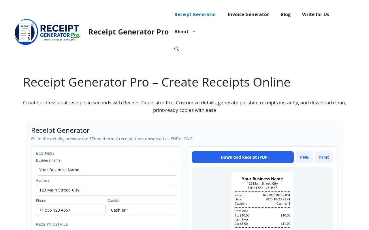 Receipt Generator Pro homepage screenshot