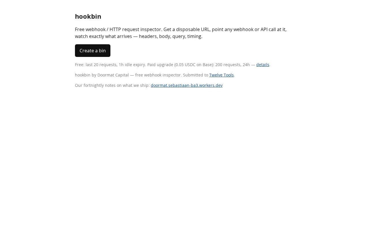 hookbin homepage screenshot