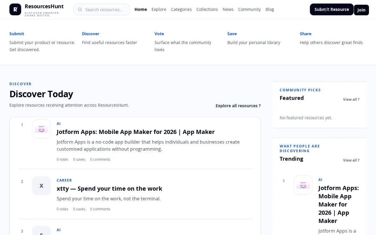 ResourcesHunt homepage screenshot