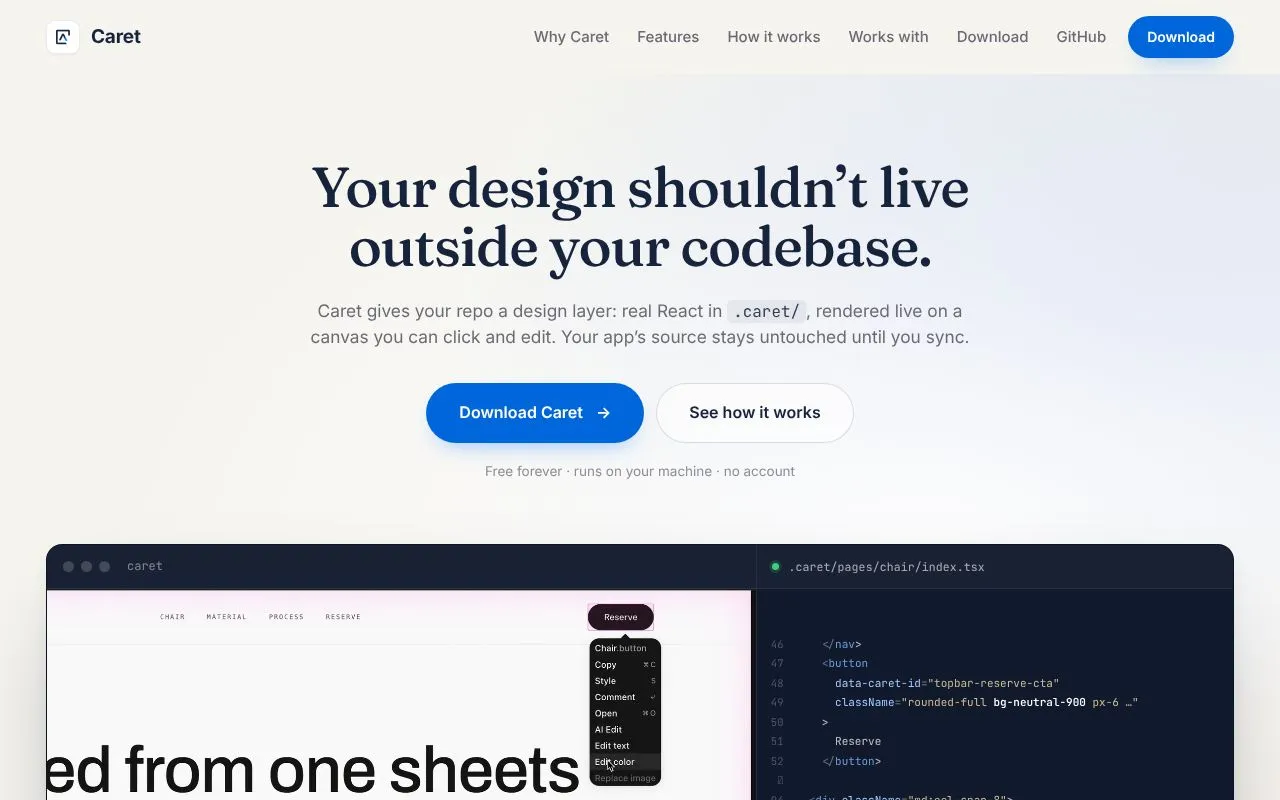 Caret homepage screenshot