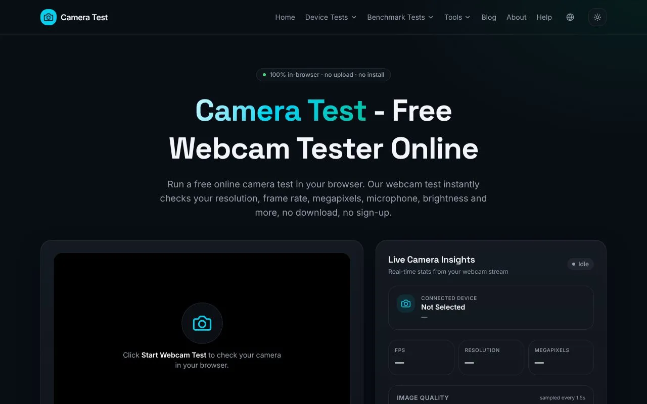 Camera Test homepage screenshot