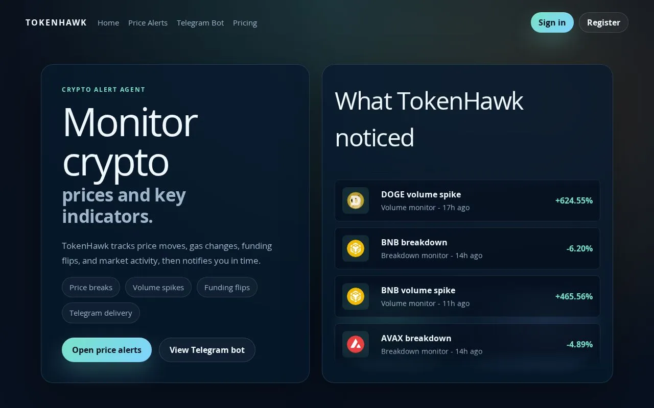 TokenHawk homepage screenshot