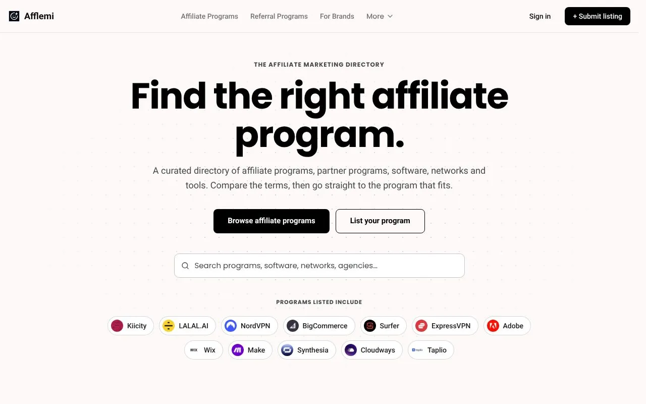 Afflemi homepage screenshot