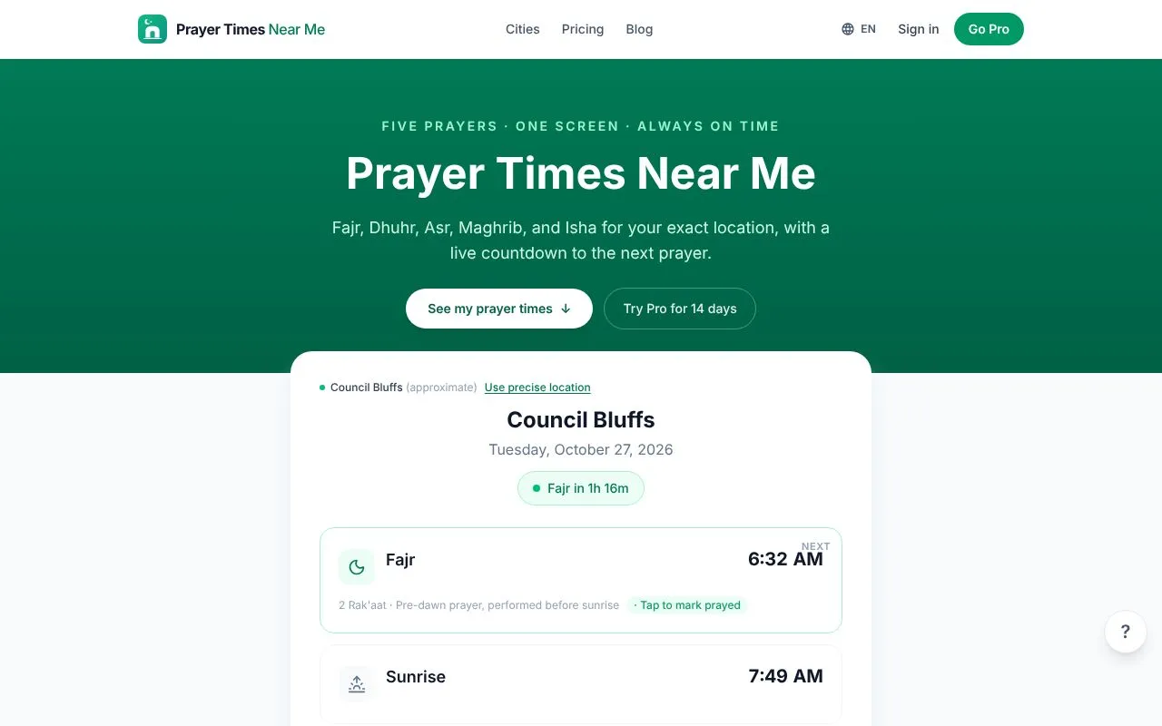 Prayer Times Near Me homepage screenshot