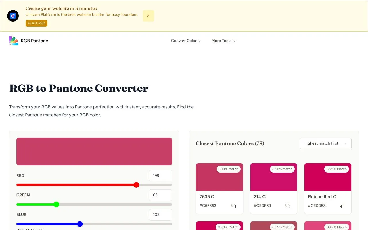 RGB Pantone homepage screenshot