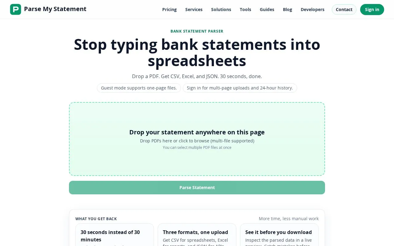 Parse My Statement homepage screenshot