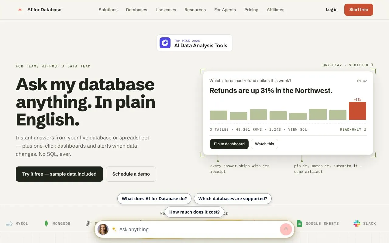 AI for Database homepage screenshot