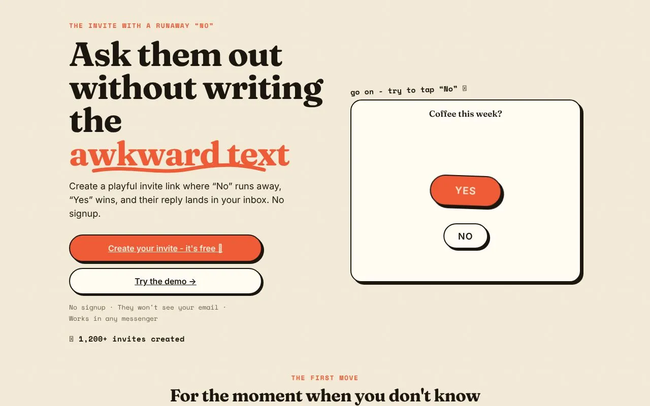 JustSayYesToMe homepage screenshot