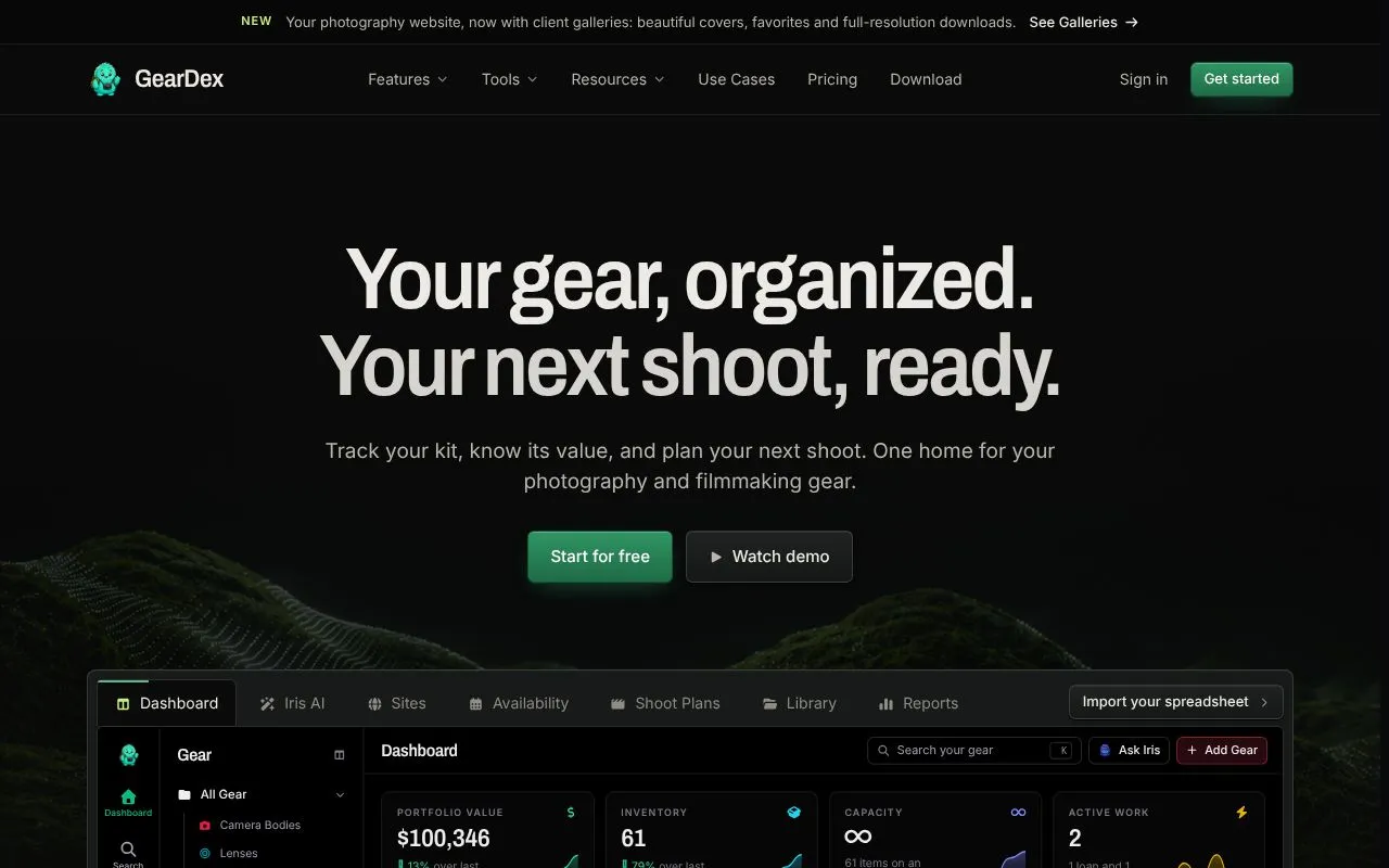 GearDex homepage screenshot